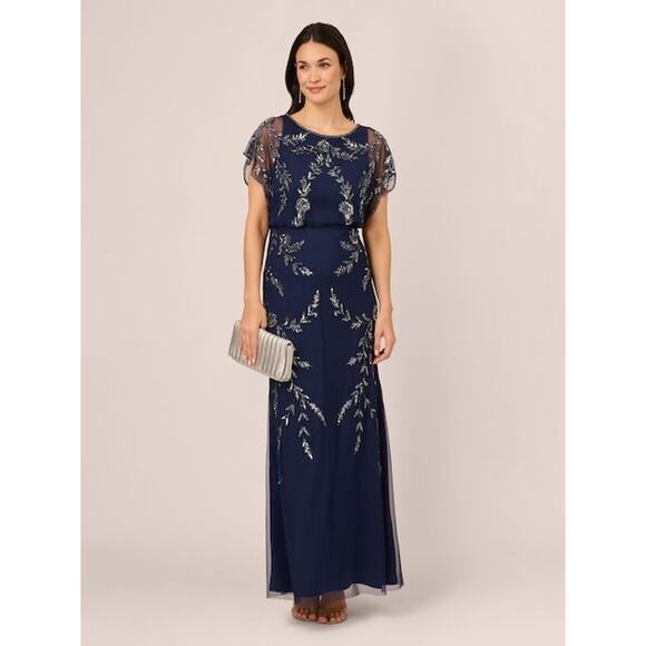 Adrianna Papell Studio Hand Beaded Flutter Blouson Gown Navy Blue Size 14 NWT - Picture 1 of 12